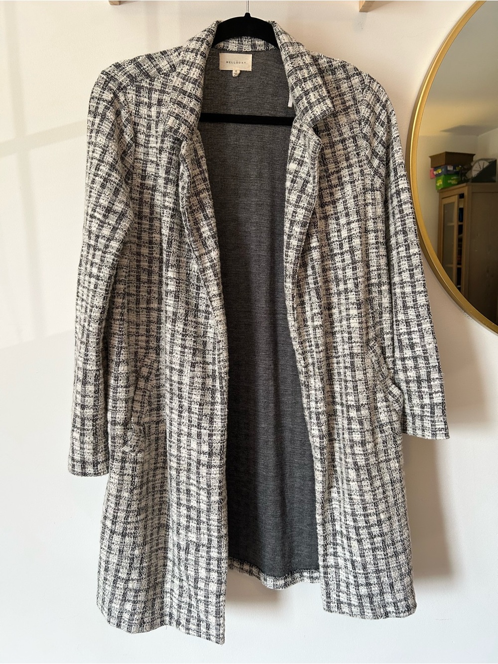 MELLODAY Black & White Plaid Open-Front Longline Cardigan
